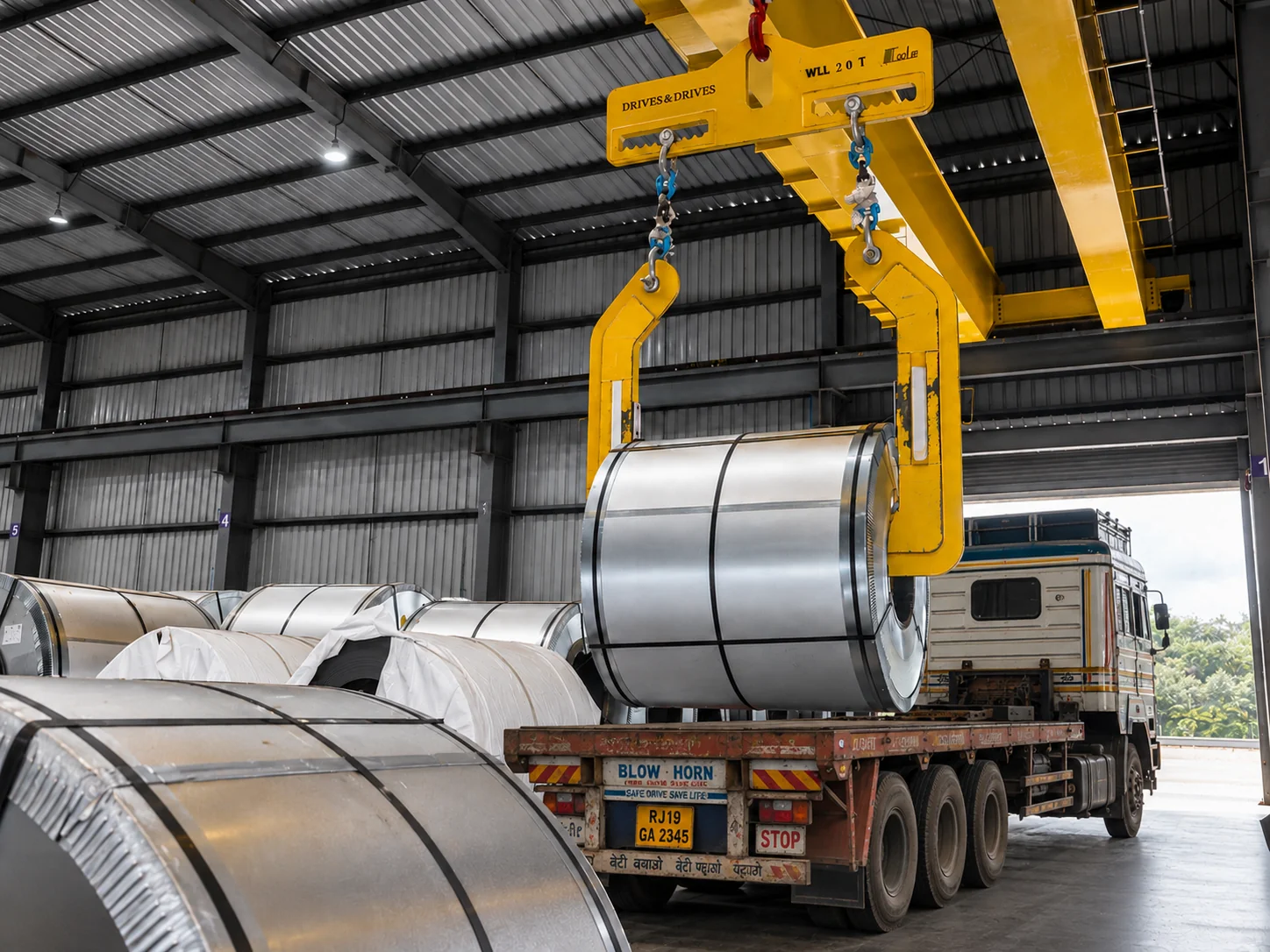 Overhead Crane Loading Steel Coil on Transport Truck